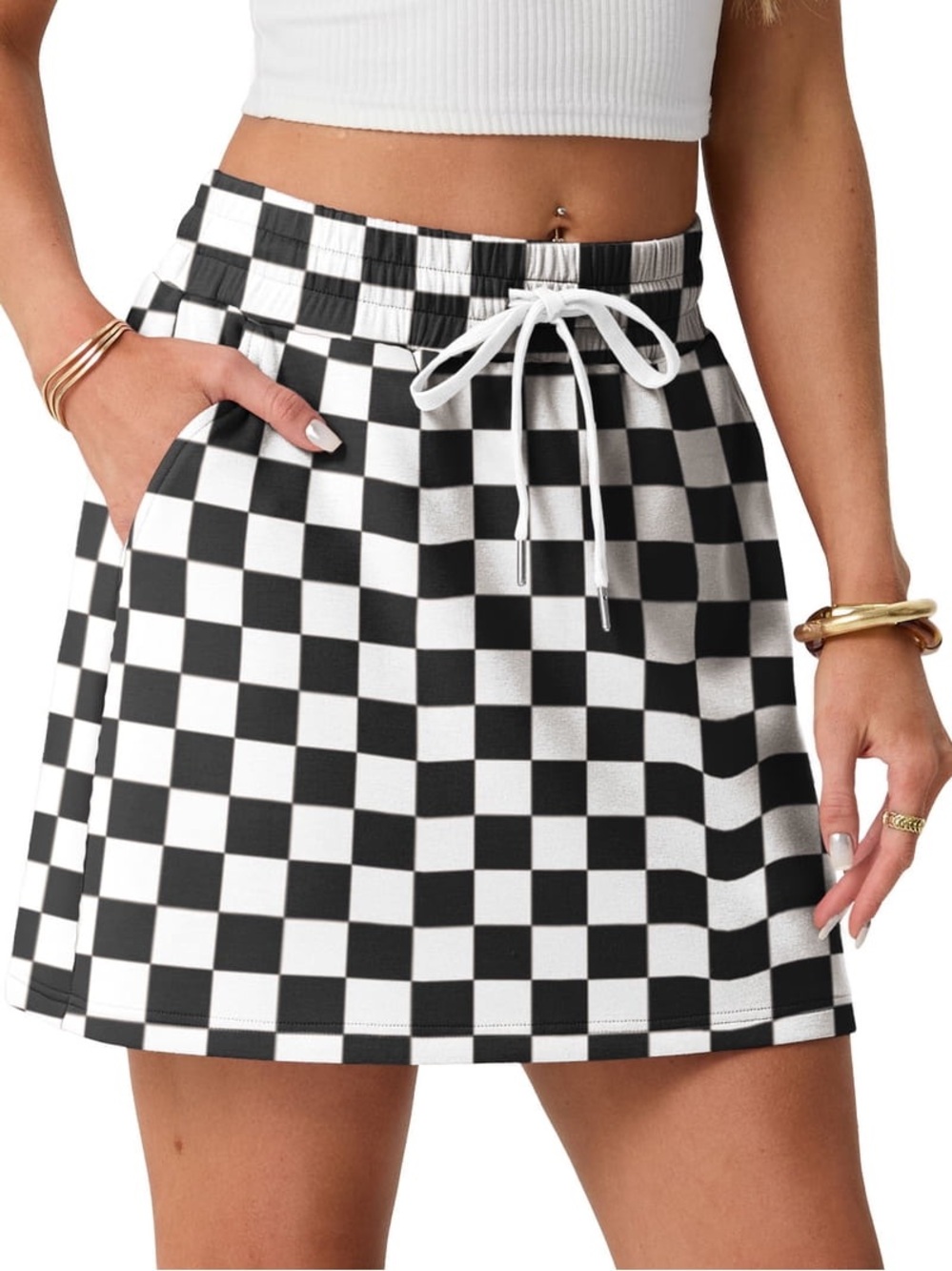Checkered Checkerboard Skort Black White Mini Skirt Shorts Pockets XL